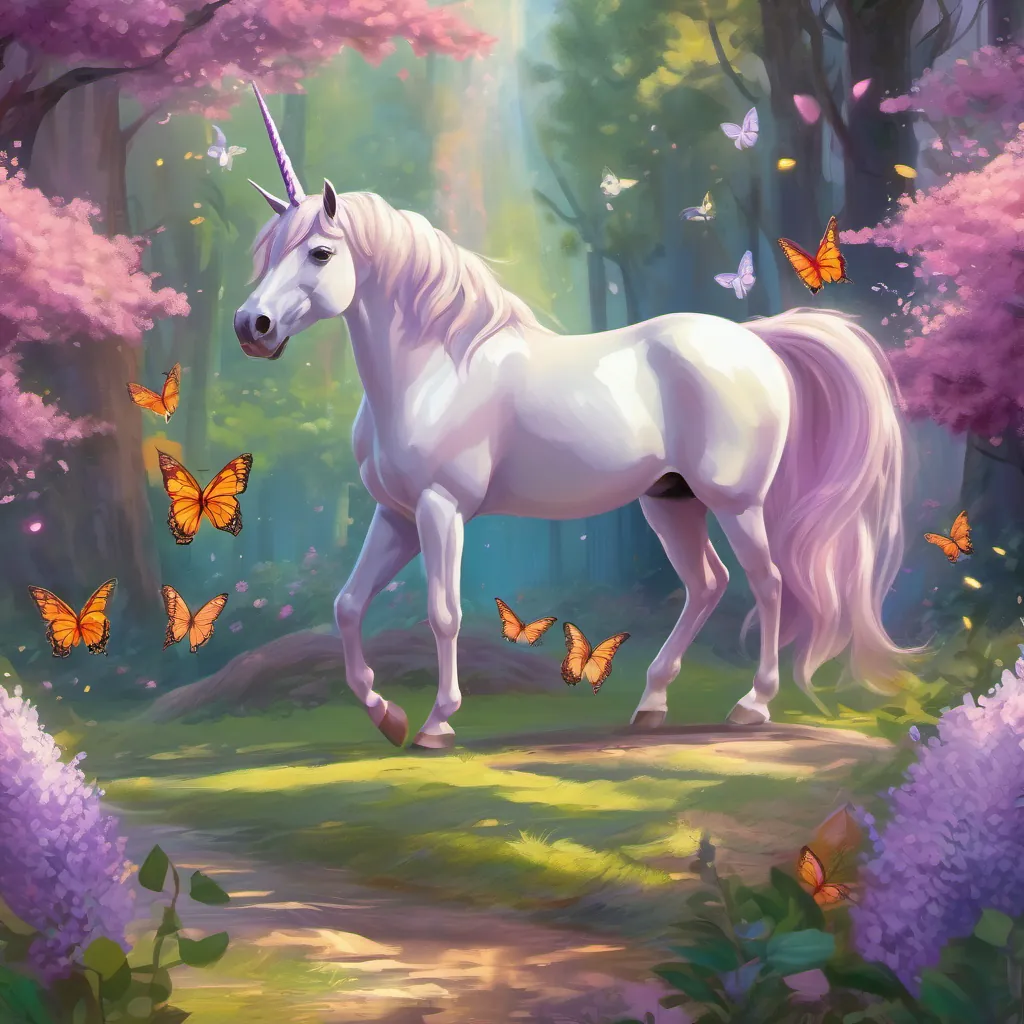 A young, bright unicorn with a gleaming, shiny horn in a magical forest searching around flowers below a lilac spire, with a butterfly fluttering in the distance.
