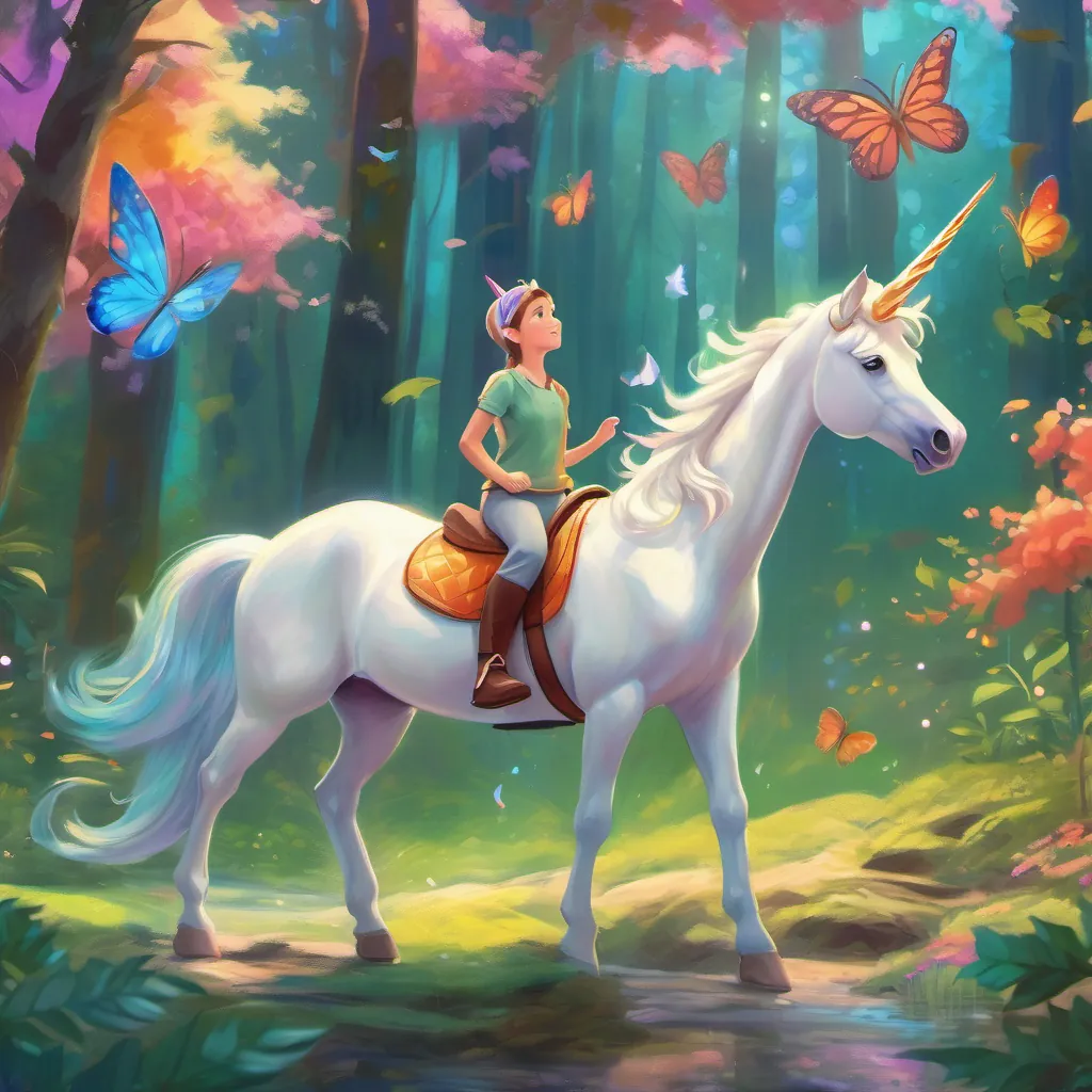 A young, bright unicorn with a gleaming, shiny horn in a magical forest looking up toward a colorful butterfly fluttering gracefully above.