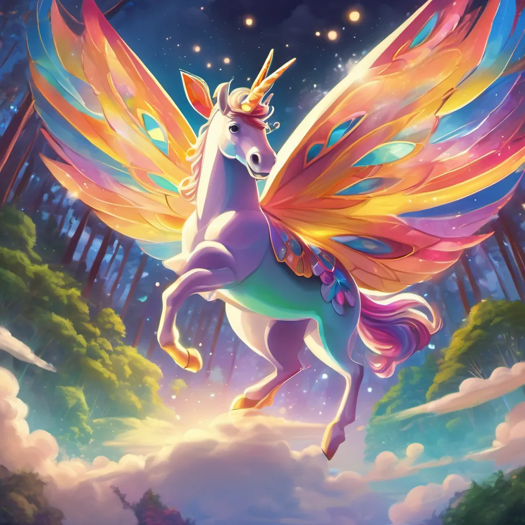 A colorful butterfly with bright, proud wings fluttering in the sky flying energetically, pointing A young, bright unicorn with a gleaming, shiny horn in a magical forest towards a cloud in the sky.