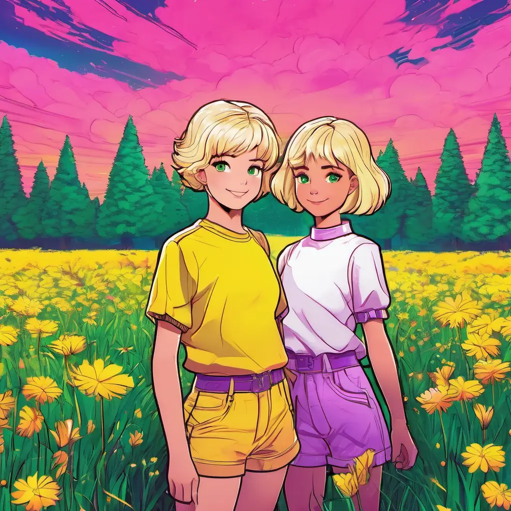 Elin and Astrid are standing in a beautiful meadow, surrounded by colorful flowers and tall trees. They are holding hands and smiling.