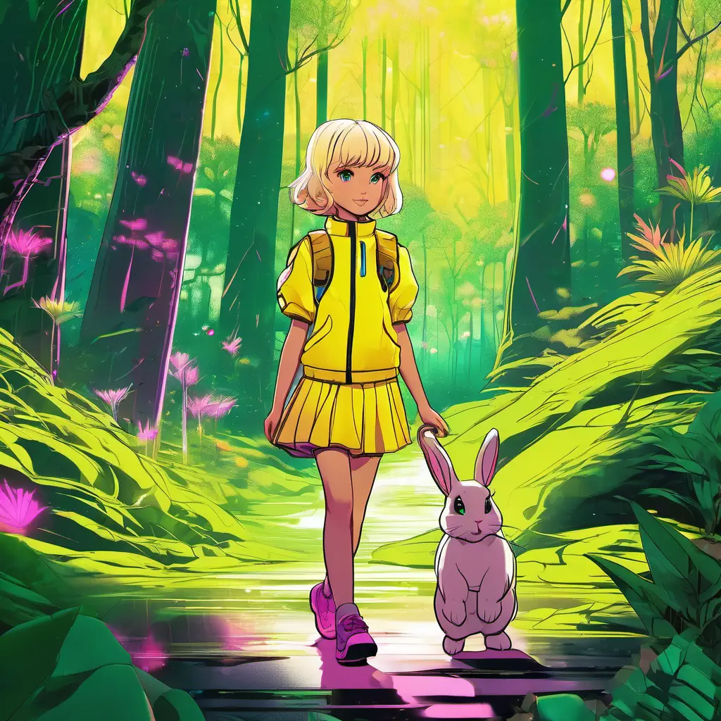 Elin and Astrid are walking through a magical forest with tall trees and sparkling streams. They are holding the bunny's paw and guiding it.