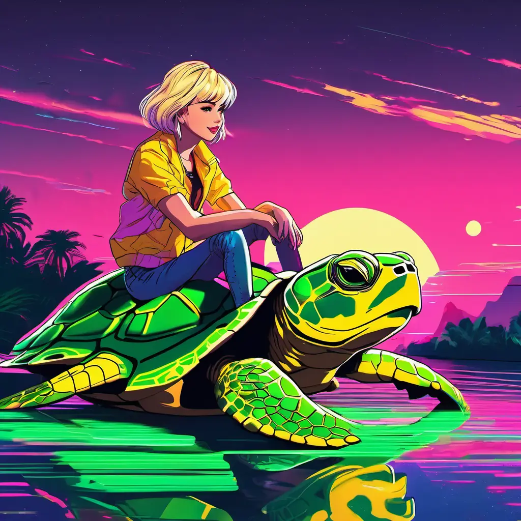 Elin and Astrid are sitting on the turtle's back, floating on the river. The turtle has a big smile on its face.
