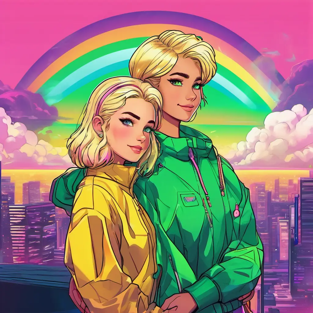 Elin and Astrid are standing in front of a beautiful rainbow. They are hugging each other and smiling.