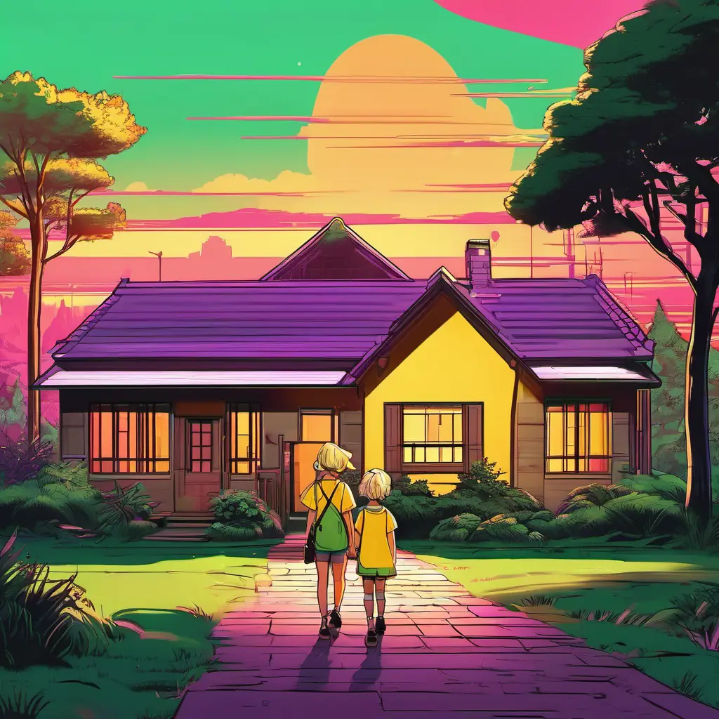 Elin and Astrid are walking hand in hand towards a cozy cottage surrounded by trees. The sun is setting, painting the sky with beautiful colors.