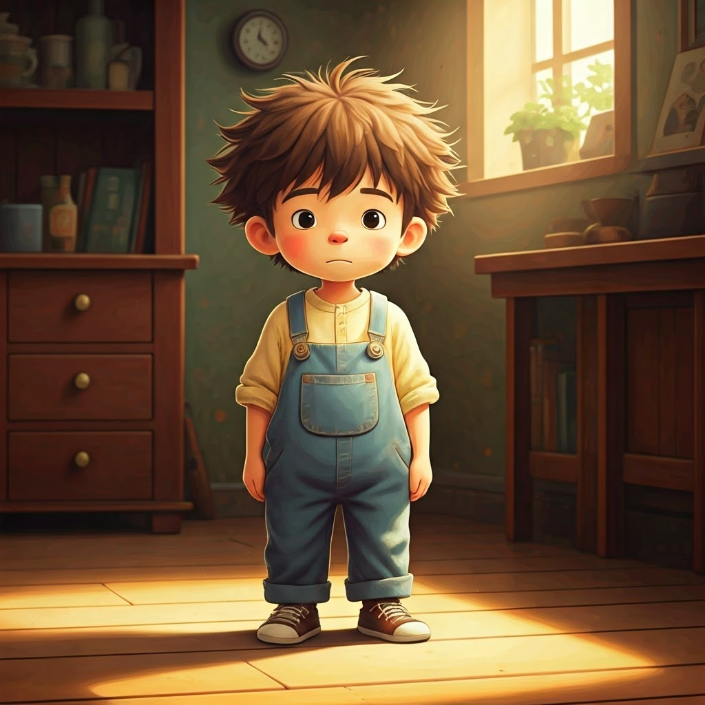 small boy with messy brown hair, wearing overalls