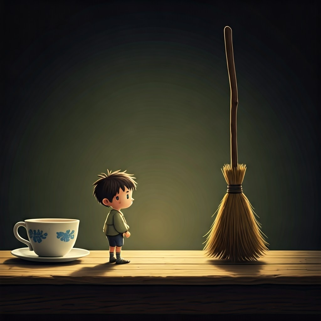 small boy standing next to a teacup and broomstick