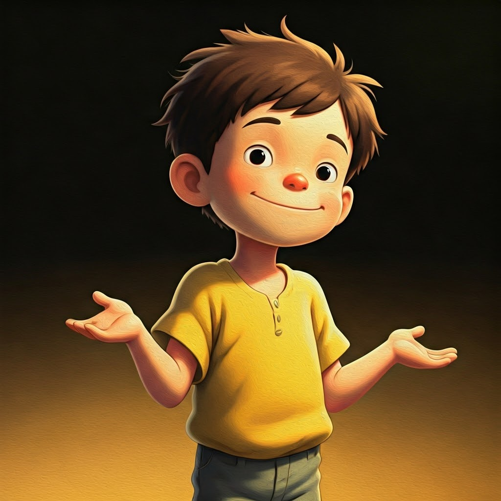 small boy shrugging his shoulders with a playful expression on his face
