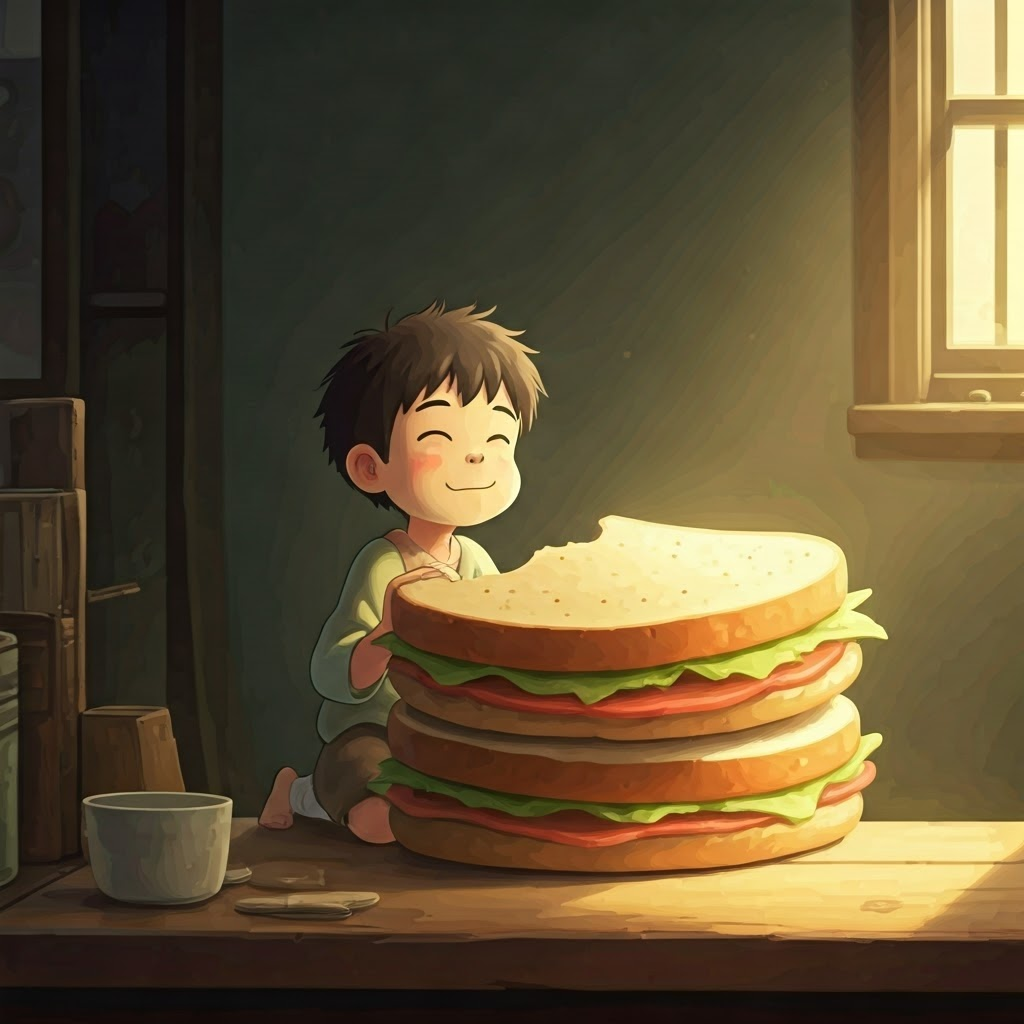 small boy happily eating a giant sandwich