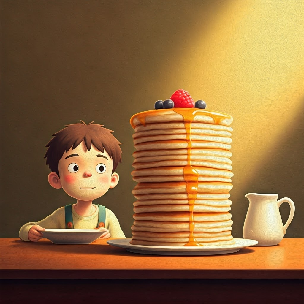 small boy sitting at a table with a giant stack of pancakes and a pitcher of syrup