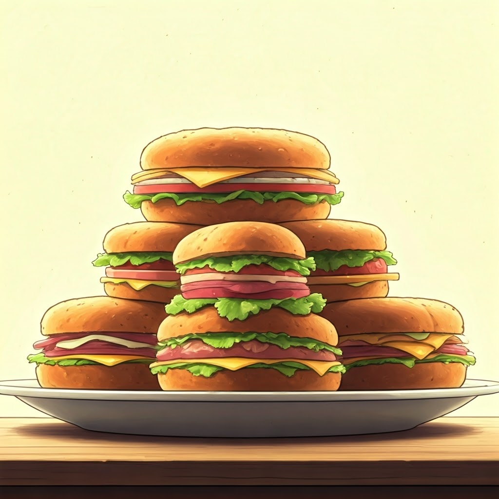 a variety of sandwiches stacked high with various toppings