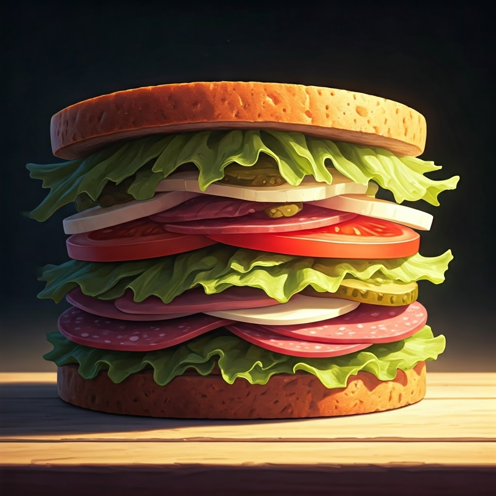 close-up of a sandwich with layers of tomato, lettuce, pickles, and salami