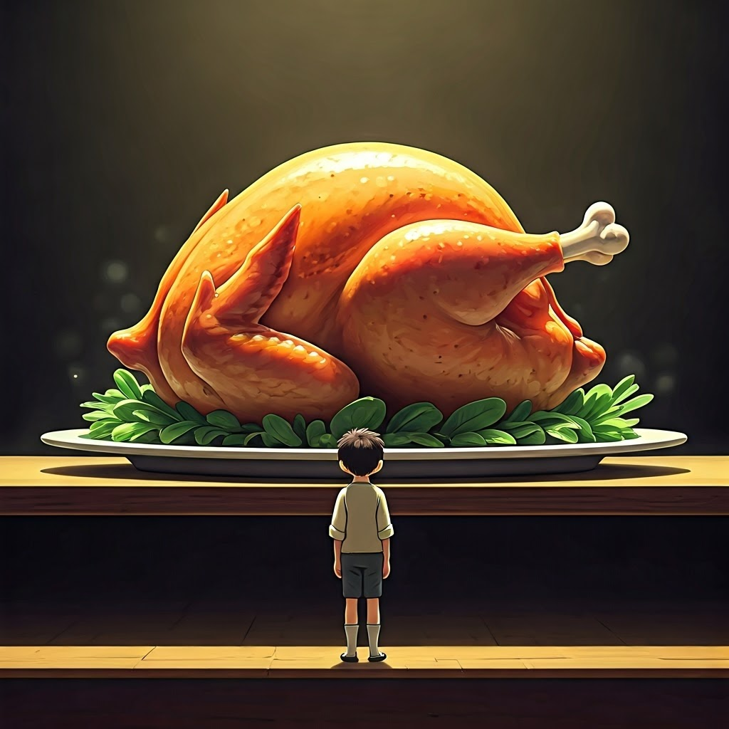 a large roasted chicken on a platter, bigger than the small boy