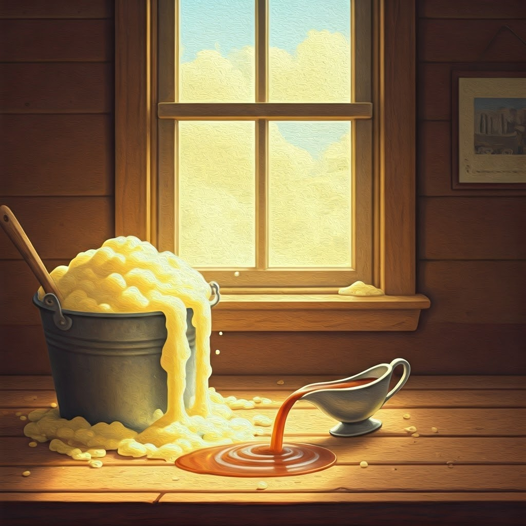a bucket overflowing with mashed potatoes and a gravy boat pouring gravy like a river
