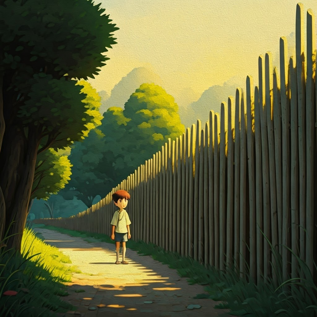 small, thin boy standing next to a tall, thin rail fence