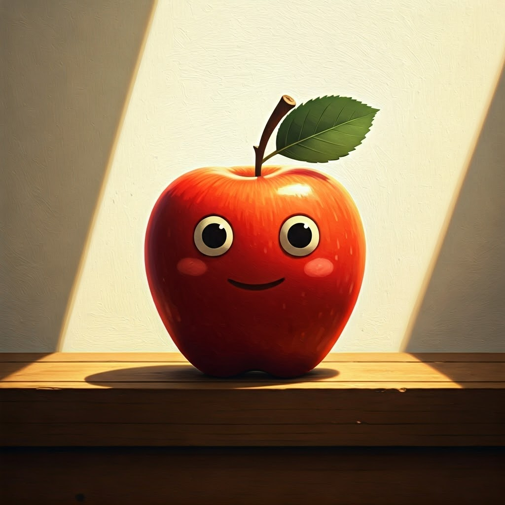 red apple with a smiling face on a white background