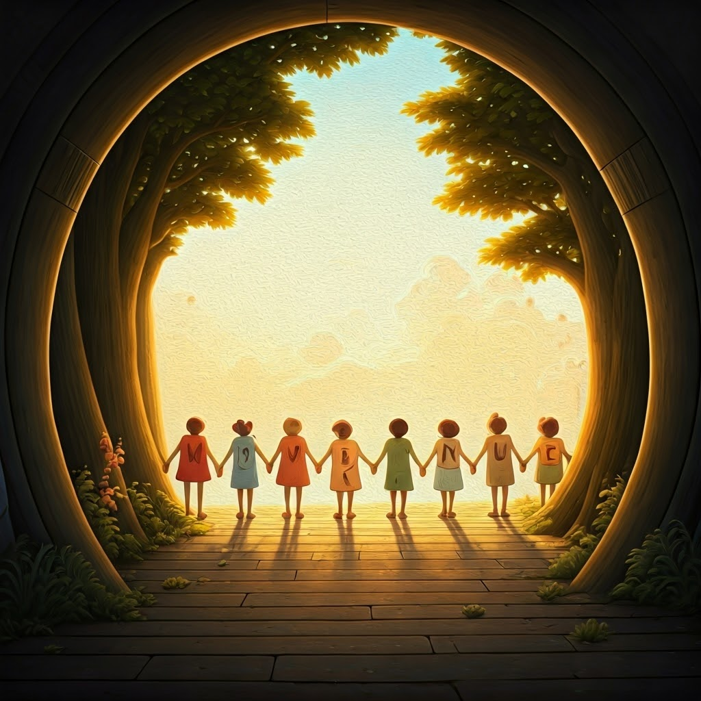 all the letters of the alphabet holding hands, happy