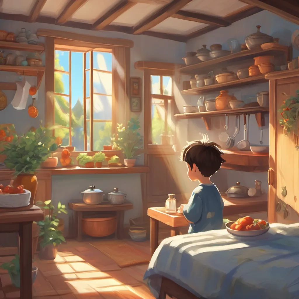 A cozy morning scene with a little boy waking up, sun streaming through a window, and a small kitchen nearby.