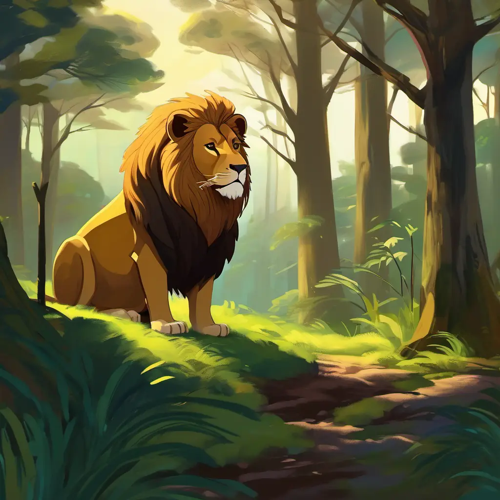 Forest, sad lion, lonely