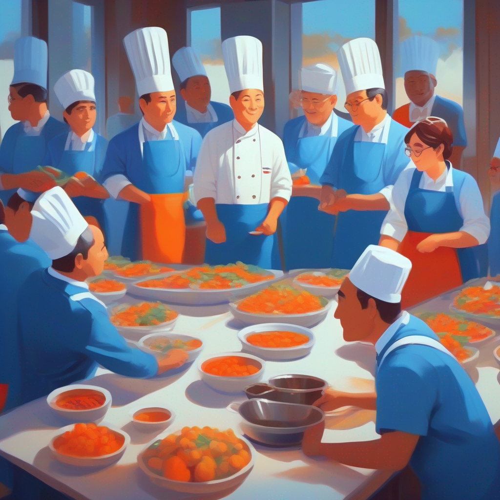 Meeting with Principal with a suit and tie, blue color. and Cooks with aprons and chef hats, white and red colors., brown and orange colors.