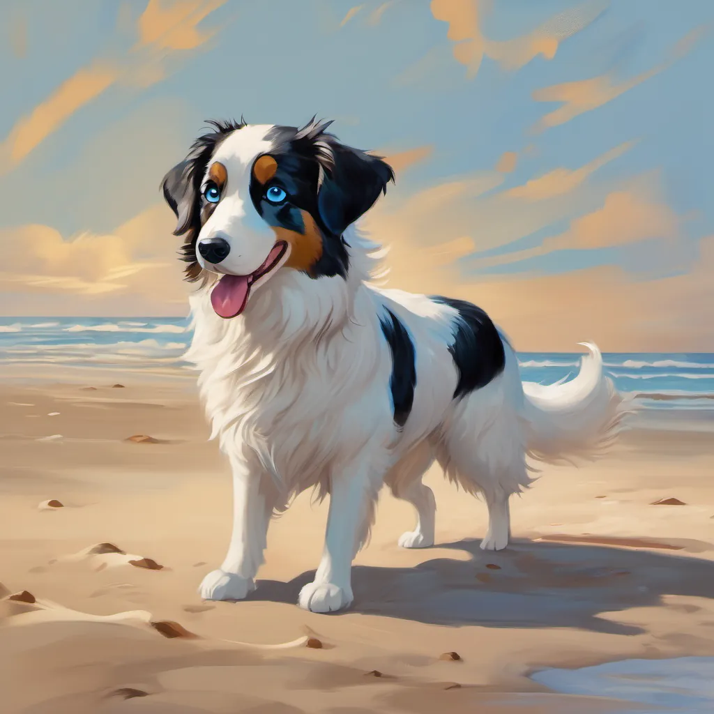 Beach, Piebald coat, brilliant blue eyes, fluffy and energetic on sandy shore, waves lapping at paws