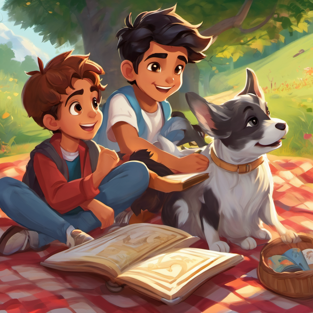 They went to the backyard and sat on a cozy picnic mat. Aaryan opened the magic book once more, and out came a mischievous little puppy named Buddy. Buddy couldn't contain his excitement, and he started running around, playfully wagging his tail. Aaryan and his friends laughed and chased after him. As the sun began to set, Aaryan and his new animal friends returned to his room. They all snuggled up on his bed, surrounding Aaryan with love and warmth. Aaryan thanked his magical book for bringing such joy and happiness into his life.