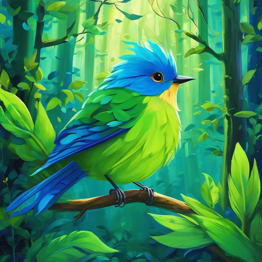 The story begins in a lush green forest with a little bird named A little bird with vibrant blue and green feathers. A little bird with vibrant blue and green feathers has vibrant blue and green feathers.