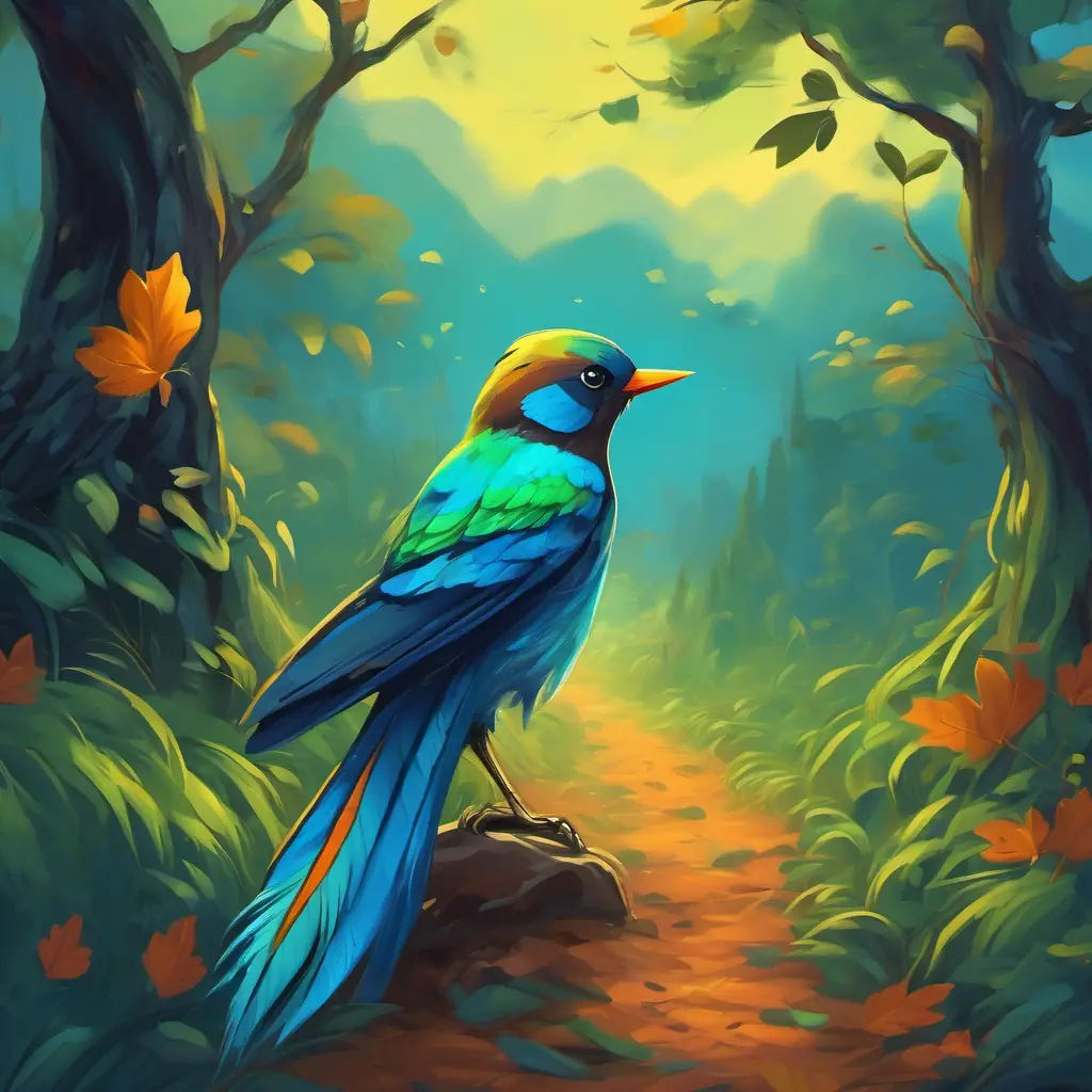 A little bird with vibrant blue and green feathers feels sad and decides to go on a journey to find someone who can help him speak.
