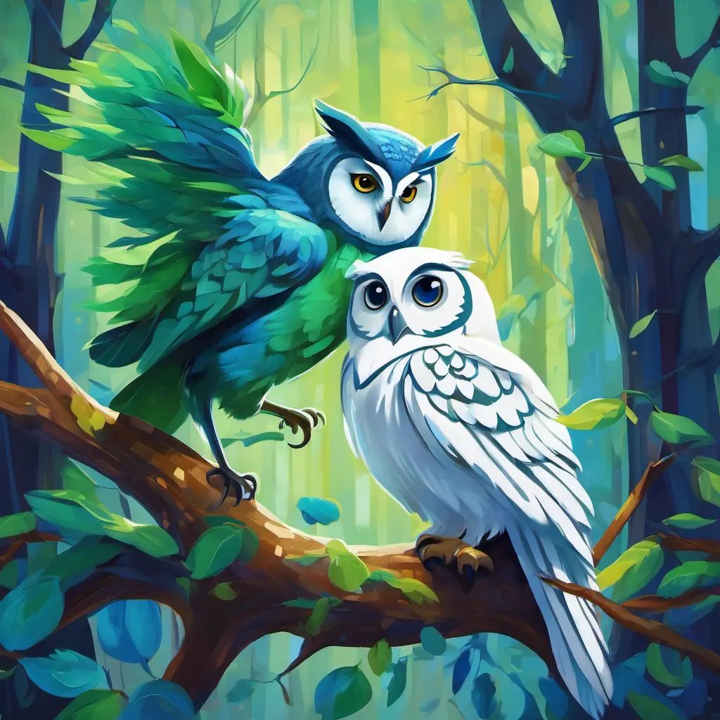A little bird with vibrant blue and green feathers meets a An owl with big round eyes and feathers as white as snow with big round eyes and white feathers. The owl advises A little bird with vibrant blue and green feathers to embrace his uniqueness.