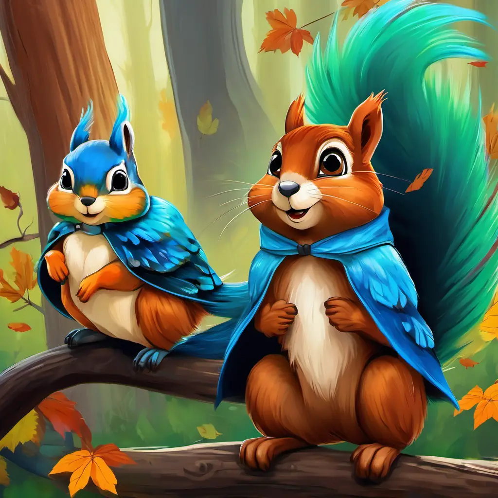 A little bird with vibrant blue and green feathers meets a A squirrel with reddish-brown fur and bright black eyes with reddish-brown fur and black eyes. The squirrel tells A little bird with vibrant blue and green feathers that actions speak louder than words.