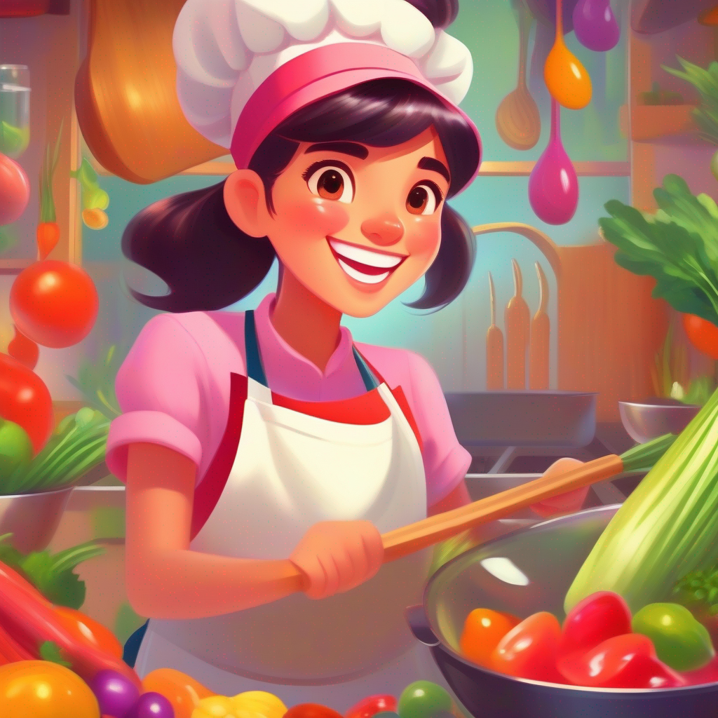 Young black girl with chef hat, apron, and a big smile cooking in the kitchen with colorful ingredients