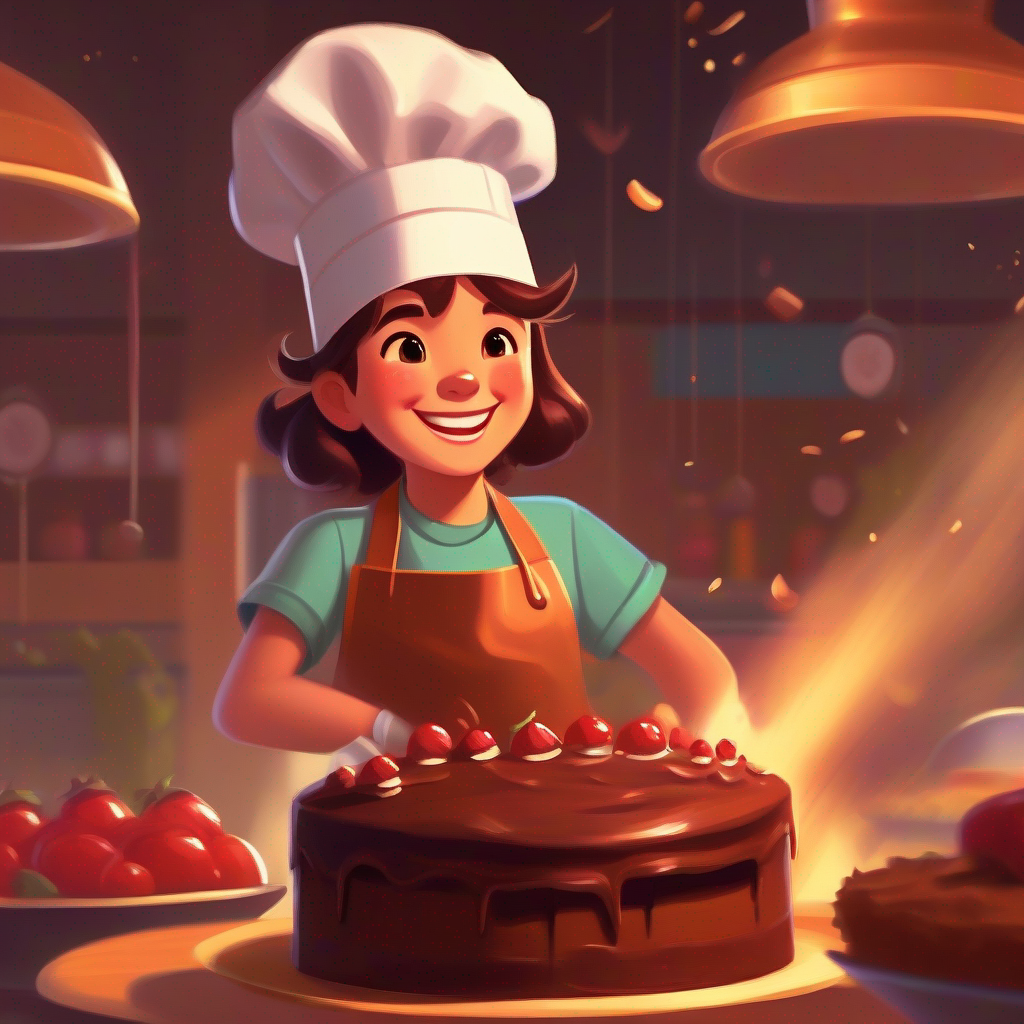 Young girl with chef hat, apron, and a big smile nervously participating in a cooking competition with a chocolate cake