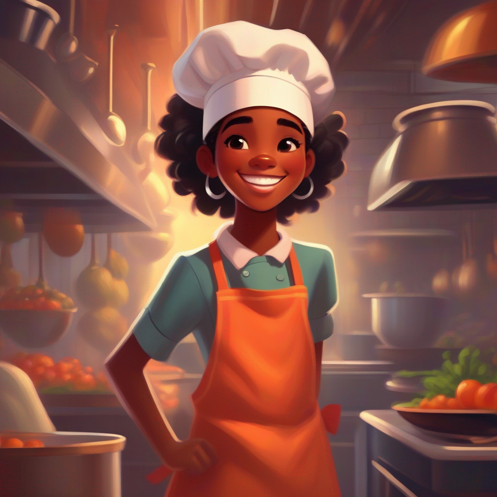 Young black girl with chef hat, apron, and a big smile achieving her dream, remembering her confident moment