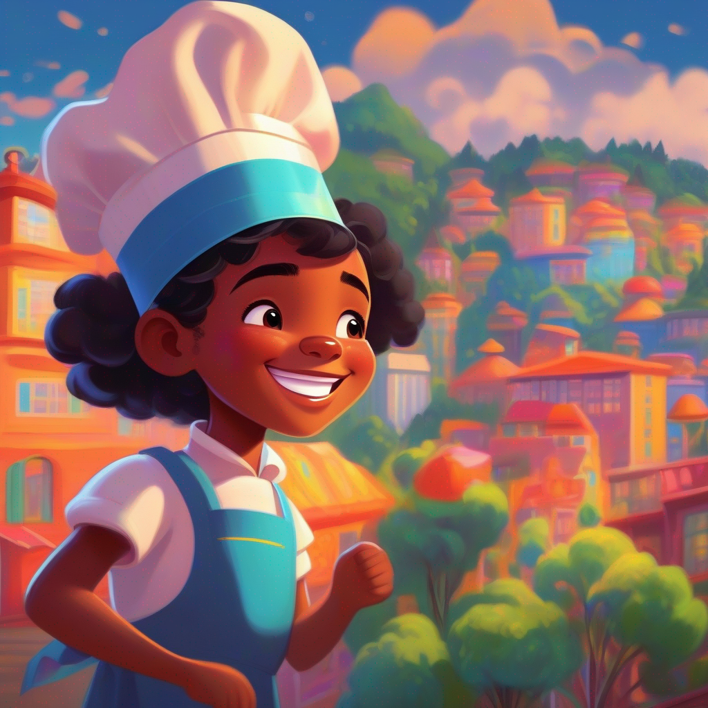 Young black girl with chef hat, apron, and a big smile, a young girl dreaming of becoming a chef, colorful town