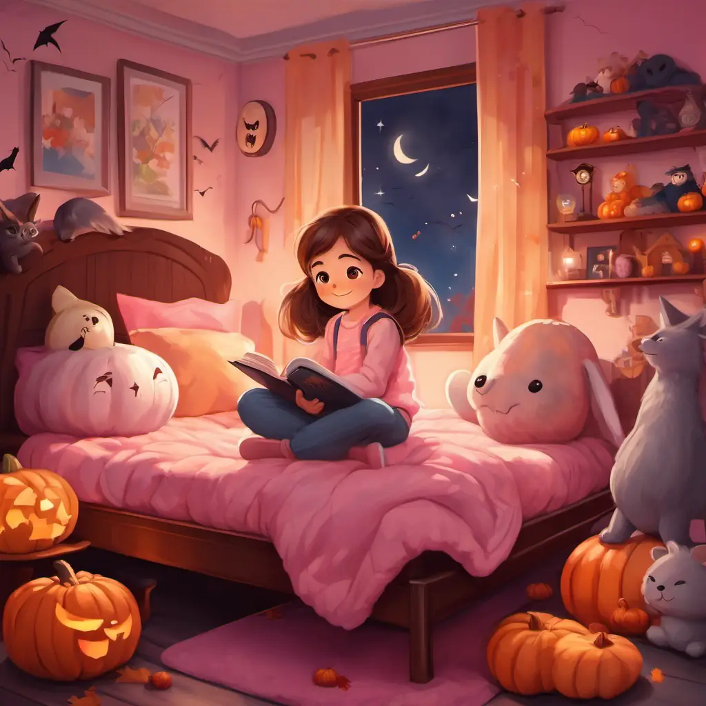 In a cozy bedroom, A cute girl with brown hair, sparkling brown eyes, and a big smile sat on her pink bed with her favorite stuffed animals surrounding her.