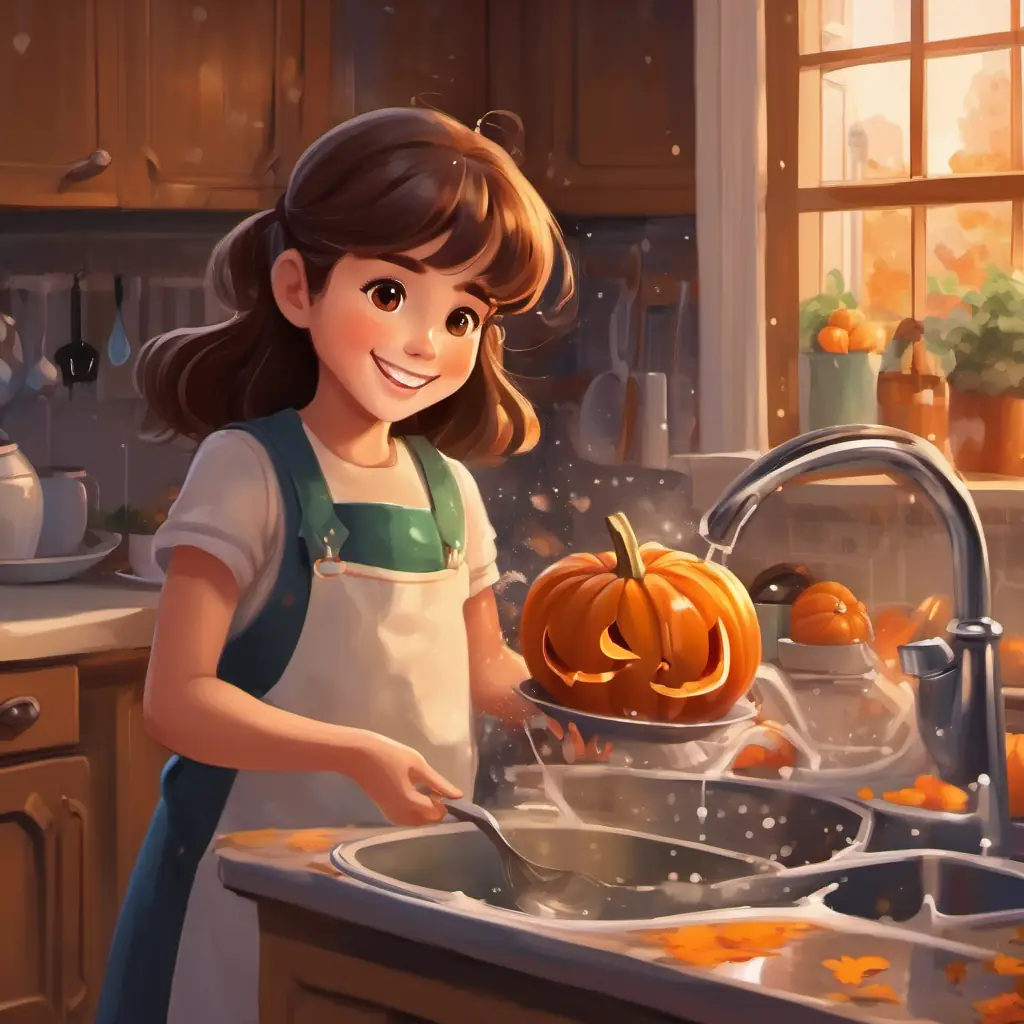 In the kitchen, A cute girl with brown hair, sparkling brown eyes, and a big smile helped her mom wash the dishes and smiled while doing it.