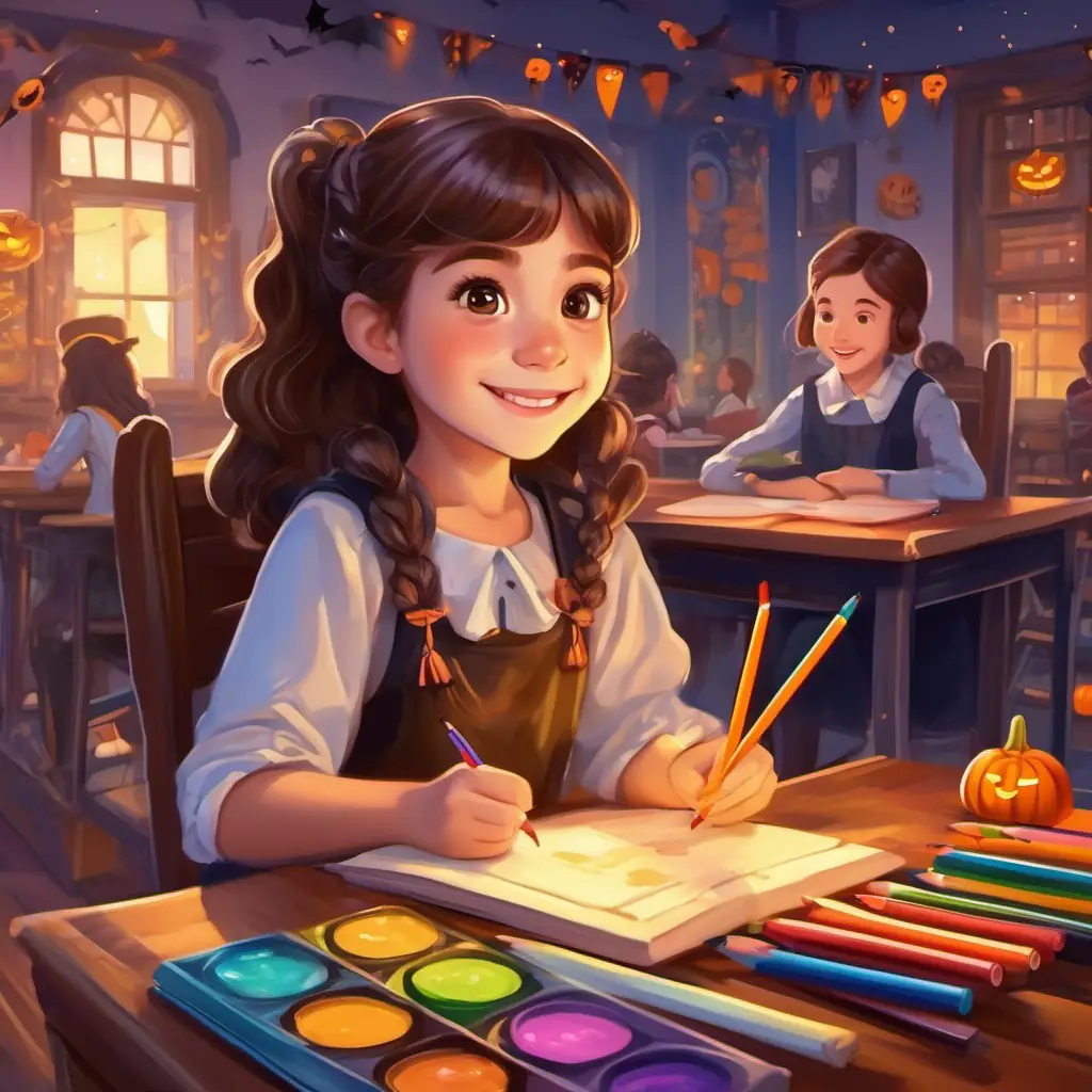 In a colorful classroom, A cute girl with brown hair, sparkling brown eyes, and a big smile sat at her desk and shared her crayons with her friends.