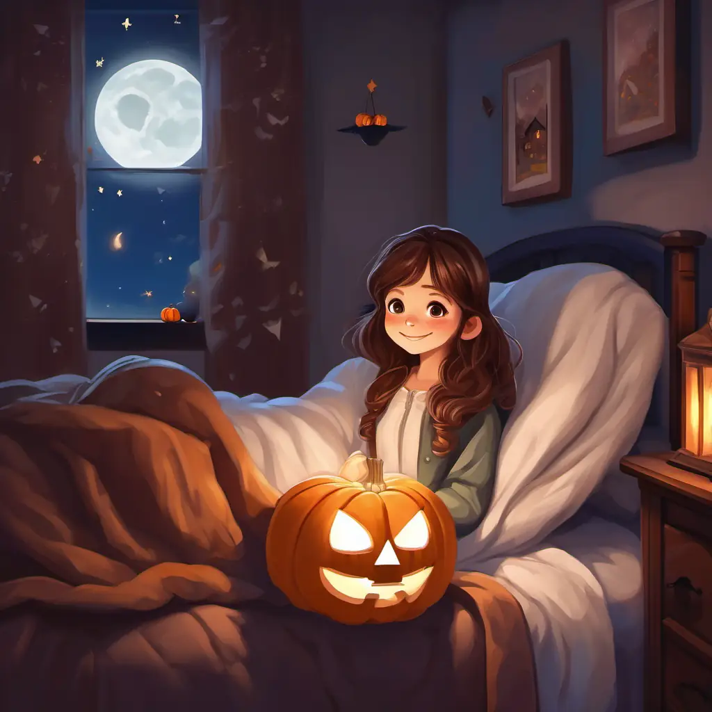 In a peaceful bedroom, A cute girl with brown hair, sparkling brown eyes, and a big smile snuggled under her soft blanket as the moonlight gently kissed her cheeks.