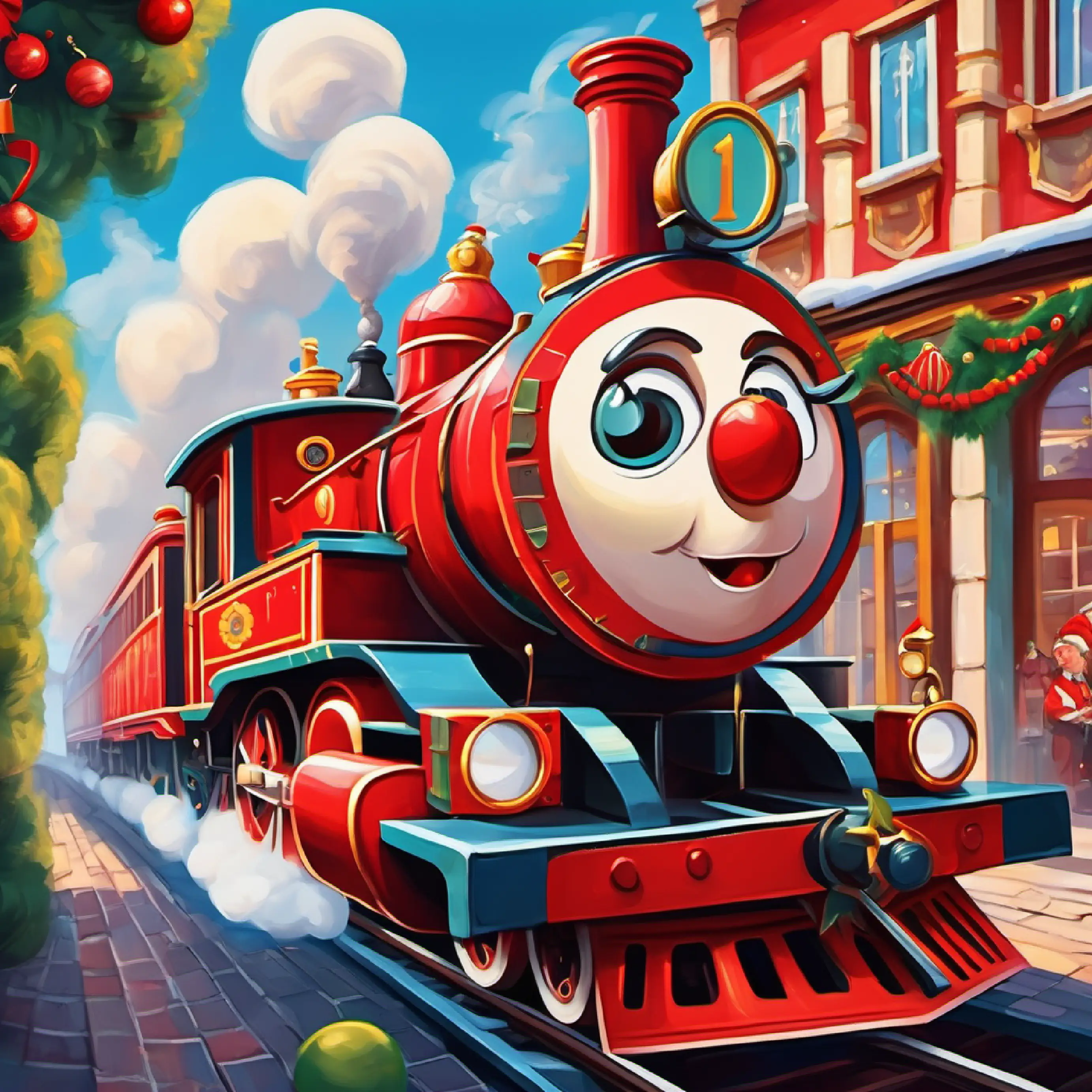 A bright red locomotive with big, friendly eyes deciding to become a circus train