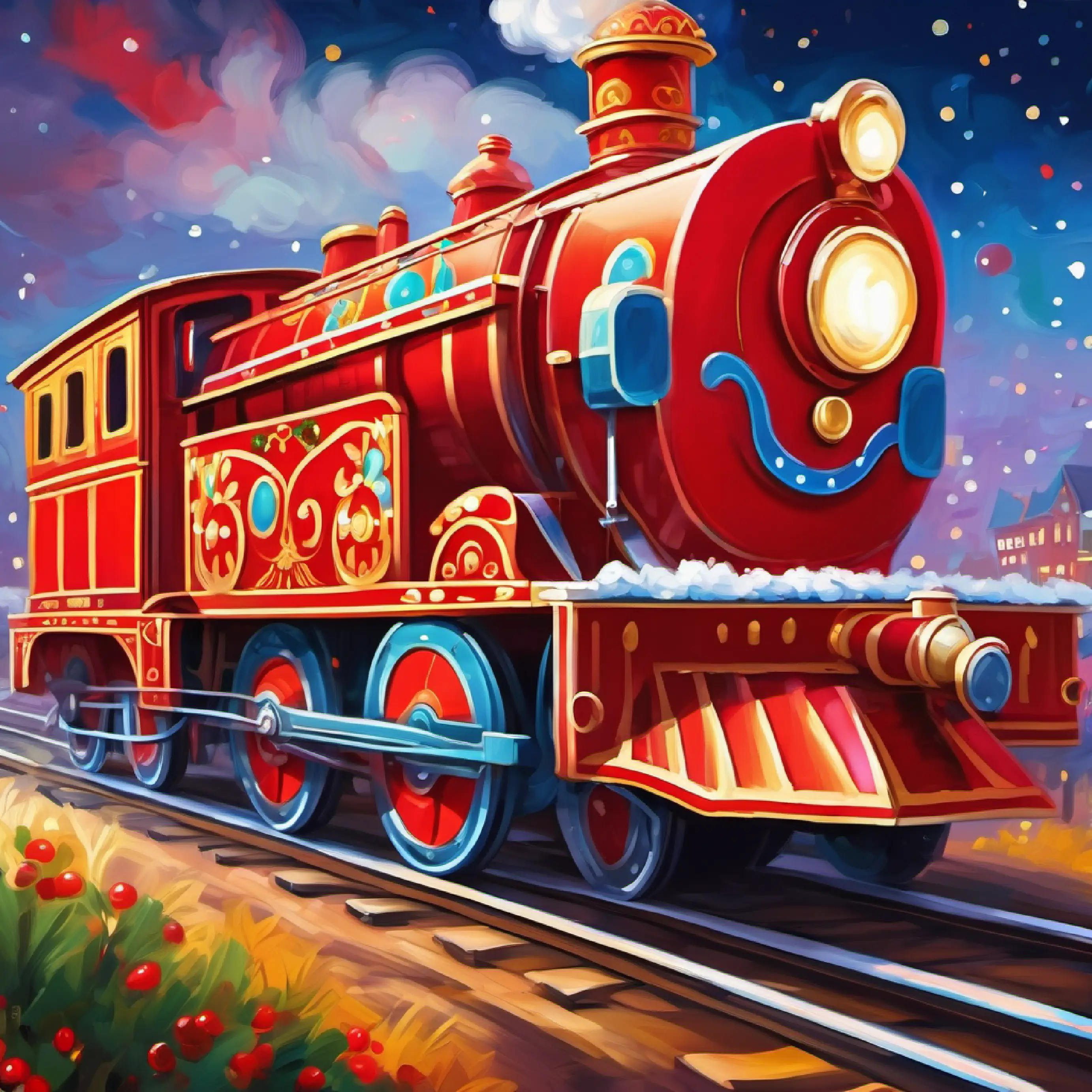 A bright red locomotive with big, friendly eyes parading as the Circus Train