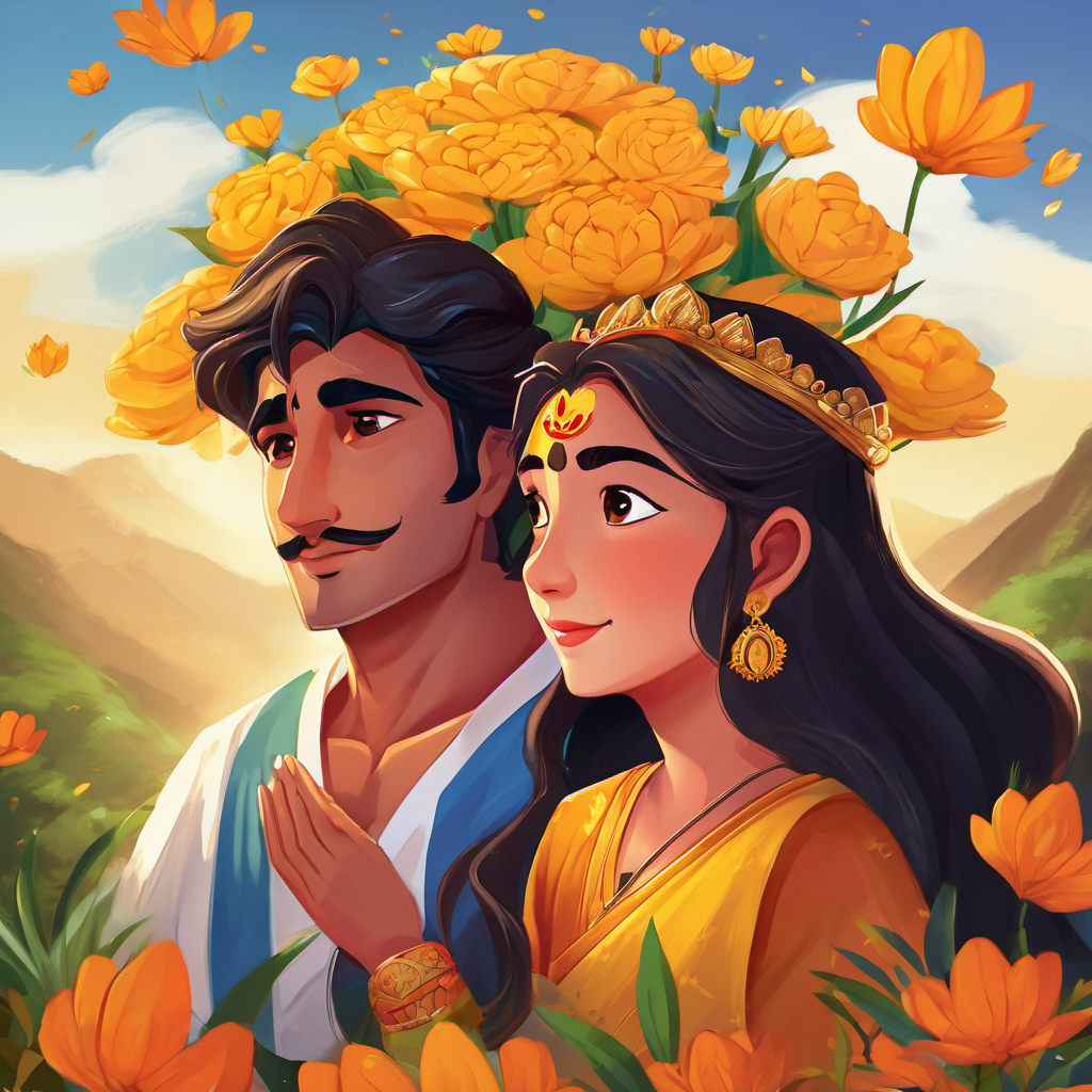 Ashish's eyes lit up with excitement as he snuggled closer to Aaji. She began, "Long, long ago, in a magnificent kingdom, there lived a young prince named Raghav. Raghav had a unique gift – he could transform into any shape he desired. One day, his father, the king, fell gravely ill. The only cure for his ailment was a magical golden flower, which grew on top of the highest mountain in the kingdom.