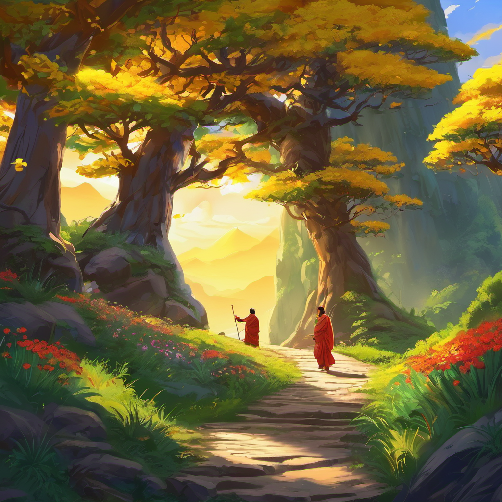 Finally, after many hardships, Raghav and Guruji reached the peak of the mountain. There, in a hidden meadow, the magical golden flower bloomed. Raghav plucked it carefully and hurried back to the kingdom. With the help of the flower, the king's health improved, and the kingdom rejoiced. Raghav became a hero. However, he never forgot Guruji's teachings and always respected his wisdom.