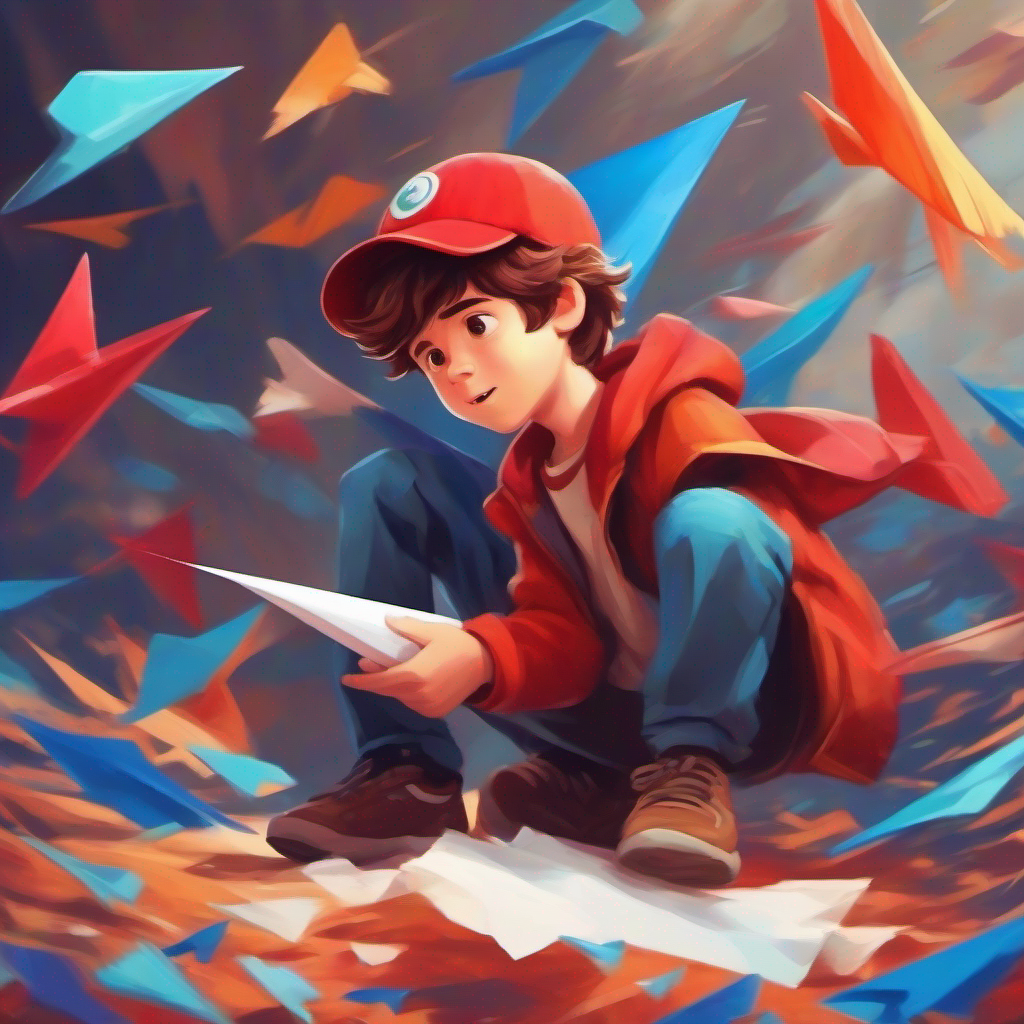 Energetic boy with messy brown hair and a red cap trying to make a paper plane, bright colors