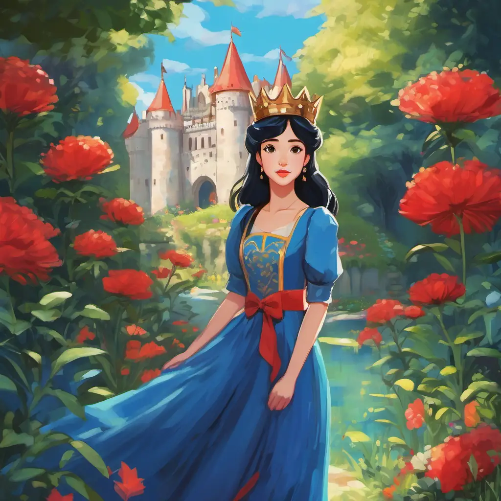 The text is written on a page, surrounded by colorful illustrations of a castle with a lush garden. Fair skin, red lips, black hair, wearing a blue dress and a crown is shown wearing a blue dress and a crown on her head.