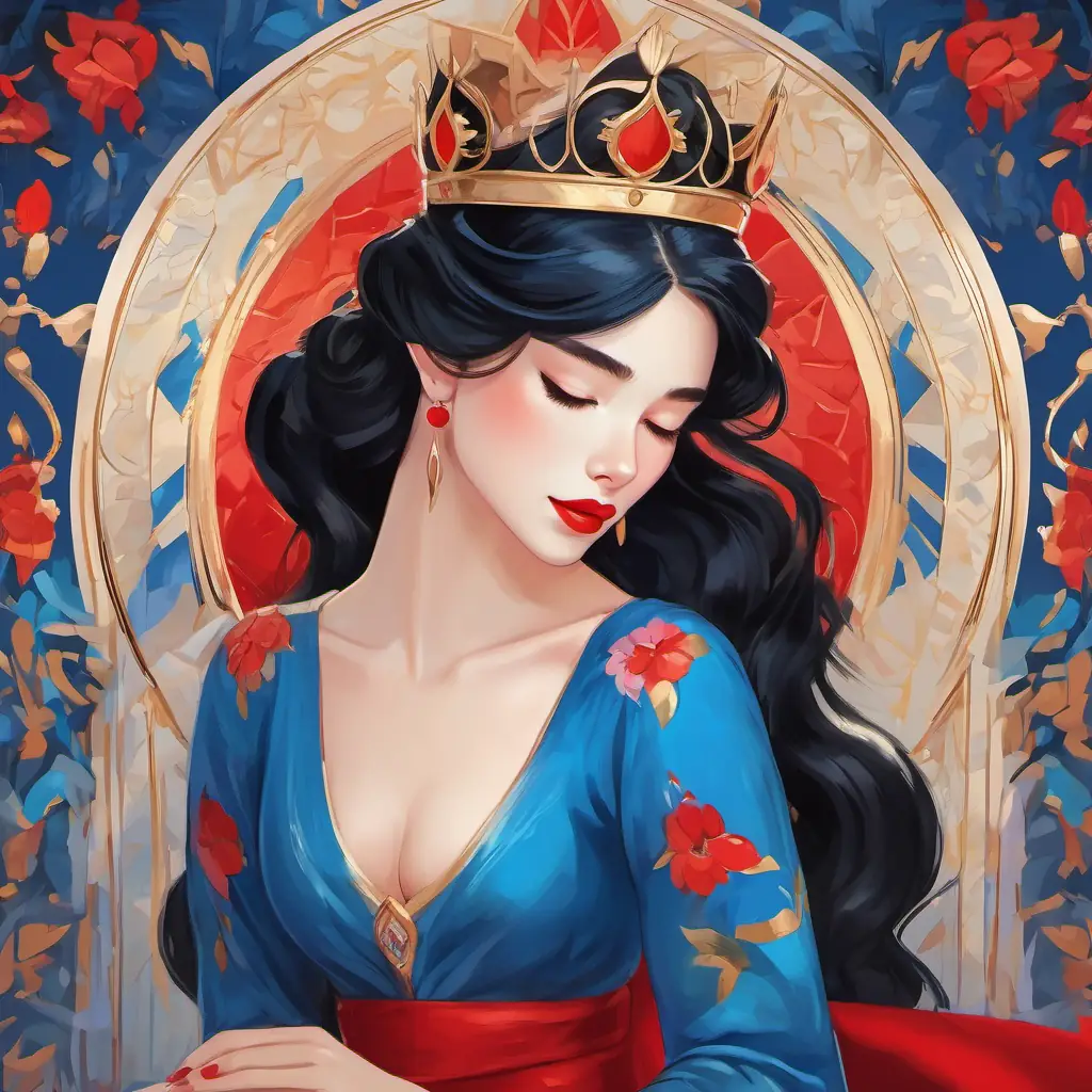 The text is written on a page, accompanied by a vibrant illustration of Fair skin, red lips, black hair, wearing a blue dress and a crown with pale white skin, bright red lips, and long, flowing black hair.