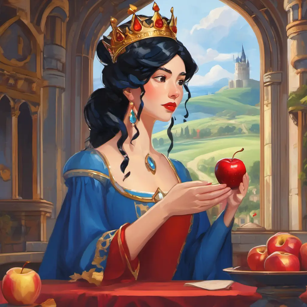 The text is written on a page, showing the disguised queen offering the poisoned apple to Fair skin, red lips, black hair, wearing a blue dress and a crown, who appears trustful but slightly skeptical.