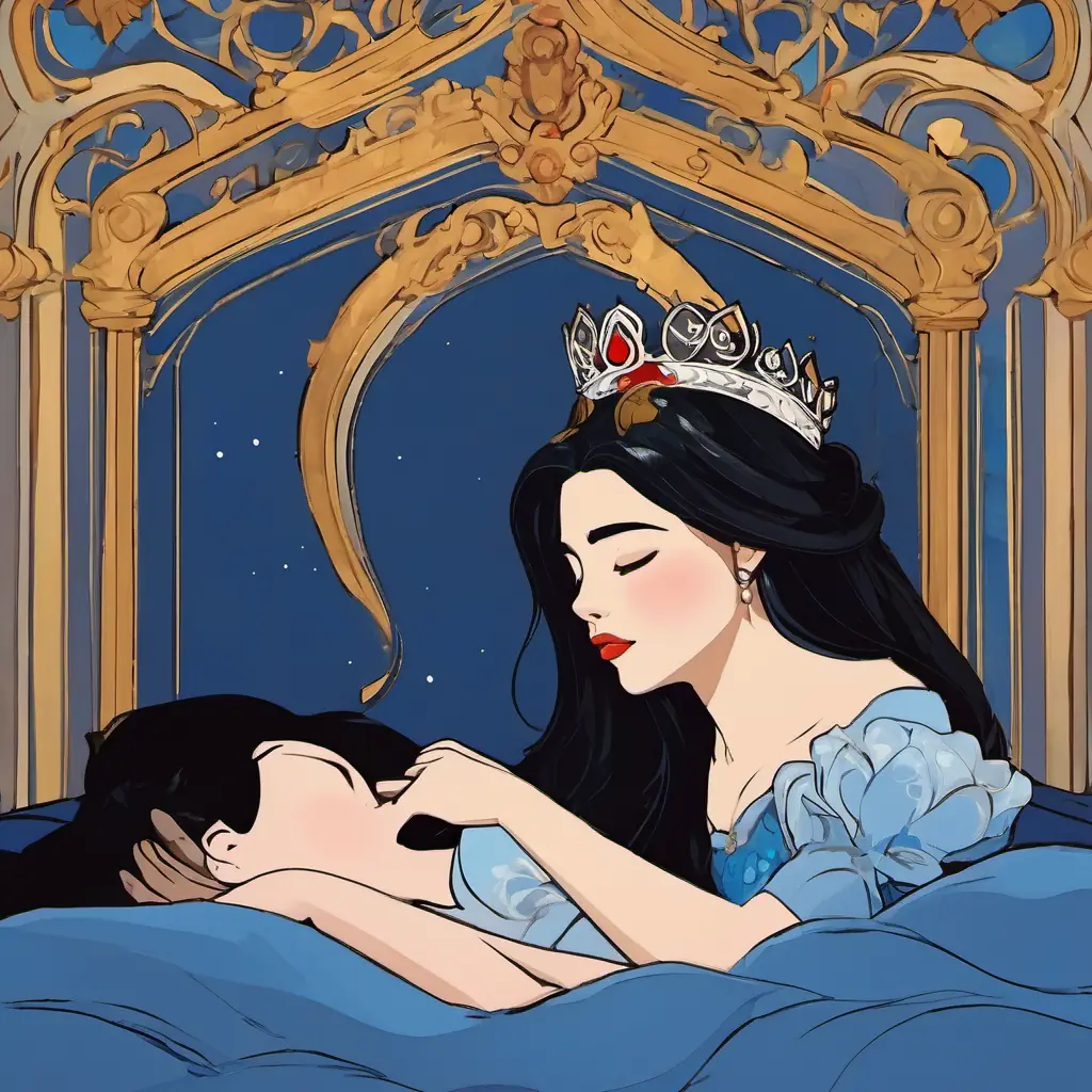 The text is written on a page, displaying Fair skin, red lips, black hair, wearing a blue dress and a crown lying on a bed in a death-like sleep as a prince leans forward to kiss her, surrounded by worried dwarfs.