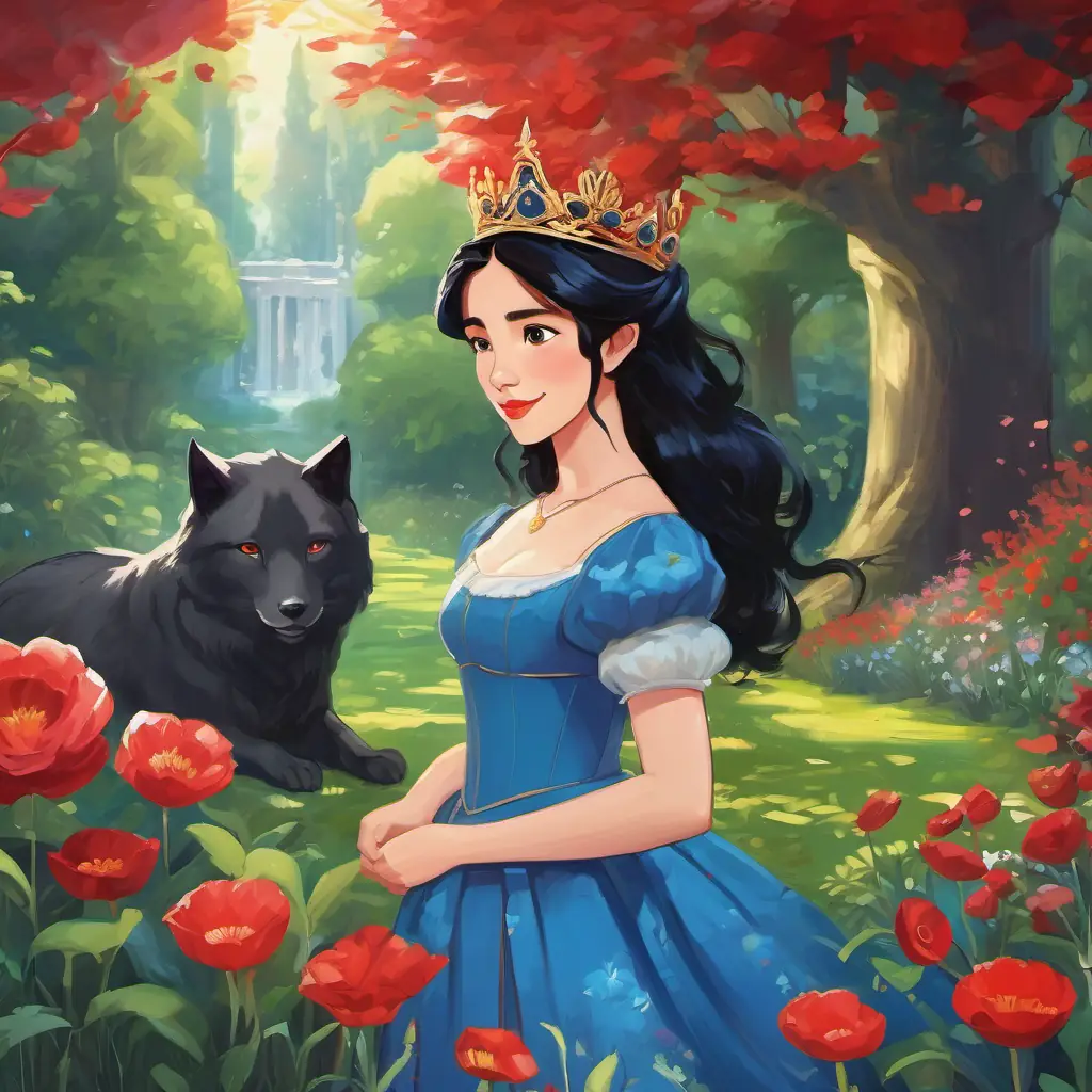 The text is written on a page, depicting Fair skin, red lips, black hair, wearing a blue dress and a crown and the prince standing in a beautiful garden, surrounded by flowers and joyful woodland creatures.