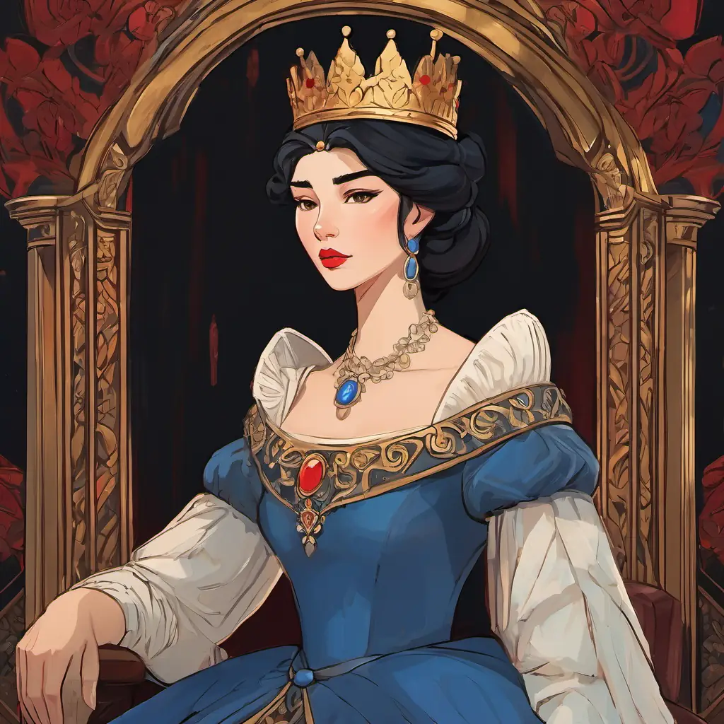 The text is written on a page, depicting Fair skin, red lips, black hair, wearing a blue dress and a crown's stepmother as a tall and cruel-looking queen with dark eyes and a cold expression.