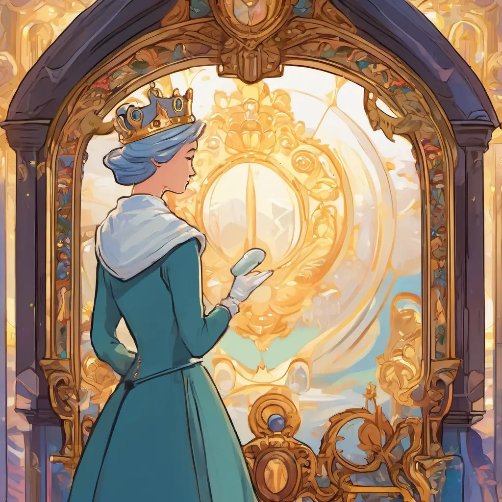 The text is written on a page, showing the queen standing in front of a magical mirror that reflects her own image back to her.