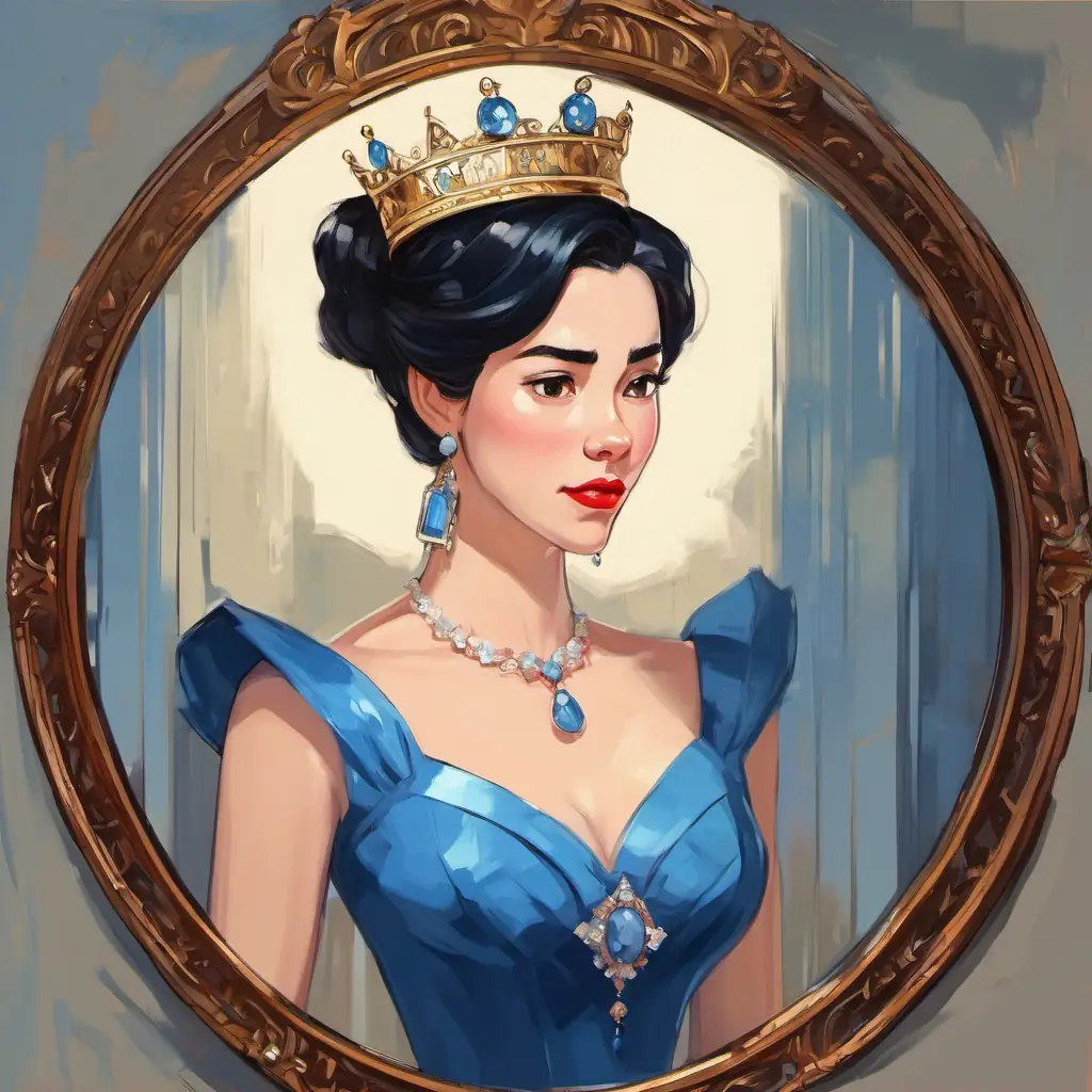 The text is written on a page, illustrated with the queen's shocked and angry expression as the mirror shows an image of Fair skin, red lips, black hair, wearing a blue dress and a crown, looking radiant and beautiful.